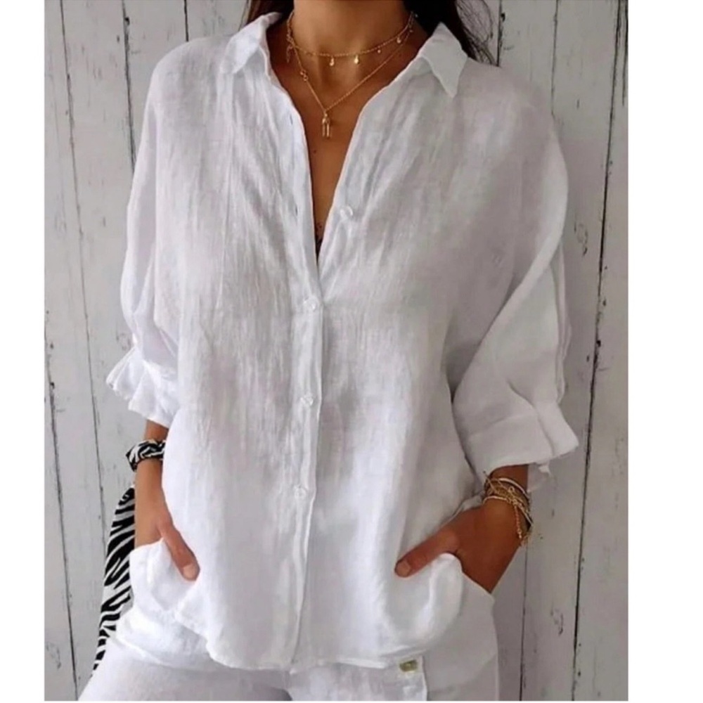 Solid White 3/4 Sleeve Button Down Loose Fit Shirt XS S M L XL